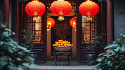 A traditional Chinese home entrance adorned with red lanterns and a basket of oranges placed on a small table, signifying the welcoming of wealth and happiness.