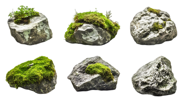 Six Rocks with Lush Green Moss Isolated on Black Background Natural Texture eco set grey wild dark  