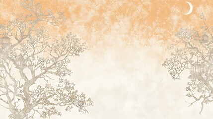 Serene Treetop Lanterns: A Peachy Watercolor Landscape