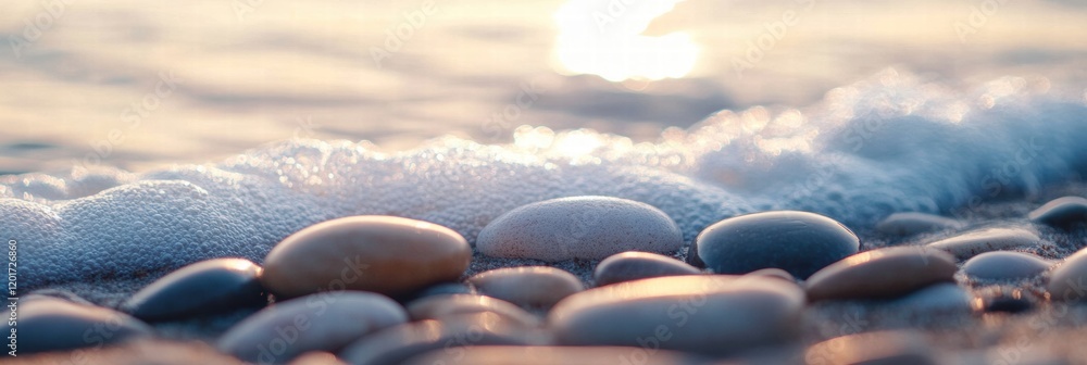 Poster smooth beach pebbles glisten under sunlight while gentle waves wash over them at a tranquil coastal 