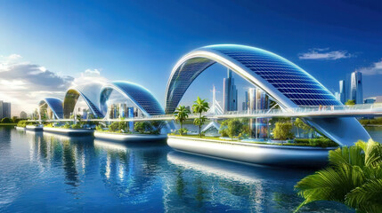 Obraz premium Futuristic solar-powered bridges spanning a tranquil bay, integrating green spaces