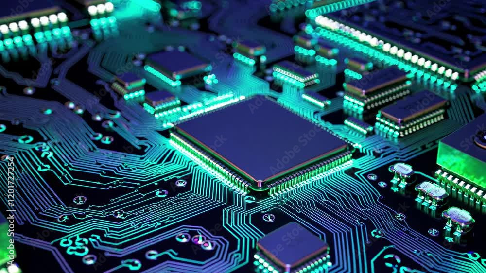 Poster electronic circuit board with cpu working, showing data processing and connections between component