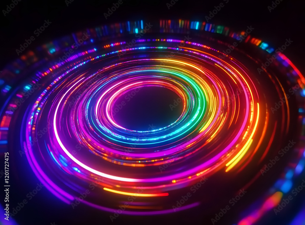 Poster vibrant, concentric neon rings glow in the dark, creating a mesmerizing circular light display. the 