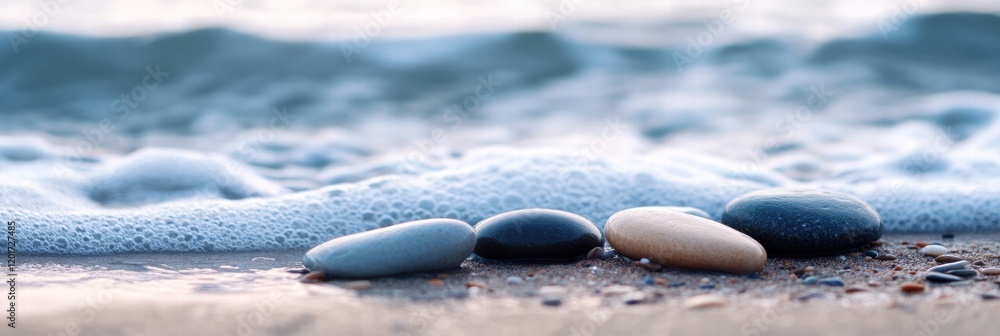 Poster Close up view of smooth beach pebbles as gentle waves wash over them during a tranquil moment by the shore. Generative AI