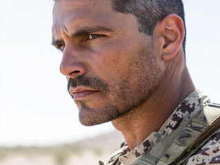 Obraz premium Intense soldier portrait in desert environment, showcasing determination and focus