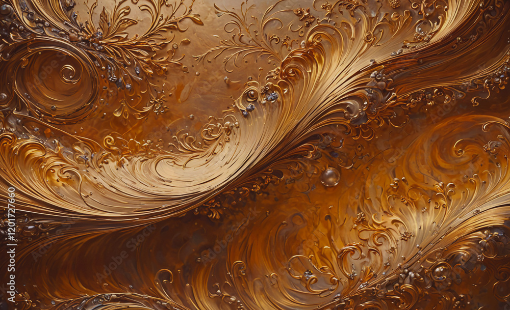 Poster A gold and silver swirl pattern with a lot of bubbles. The bubbles are scattered throughout the image, with some larger and some smaller. Scene is playful and whimsical, with the bubbles adding a