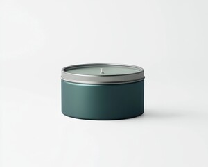A minimalist green candle in a sleek tin container for a serene atmosphere.