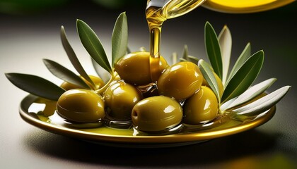 A close-up of fresh green olives in a bowl with golden olive oil being poured over them, surrounded...