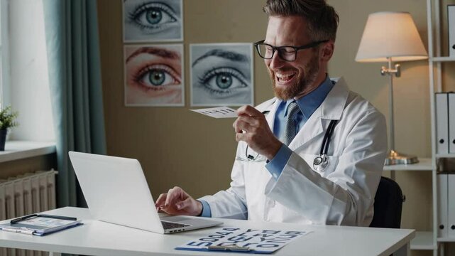 Ophthalmologist is sitting at his desk in his office, holding an eye test chart and explaining the results to a patient during a video call on his laptop