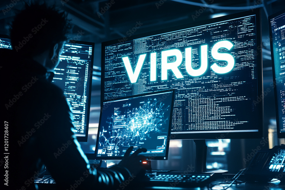 Poster cybersecurity expert monitors computer network for dangerous virus activity during late night analys