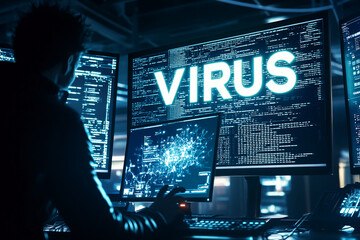 Cybersecurity expert monitors computer network for dangerous virus activity during late night analysis session
