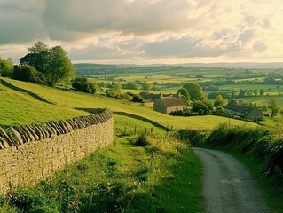 Rolling hills, Cotswolds countryside road, sunset, pastoral scene, travel