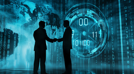 Business handshake with futuristic digital background and binary code overlay
