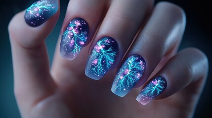A hand with beautifully designed, glowing nails featuring intricate patterns and a vibrant color gradient, showcasing a stunning nail art display.