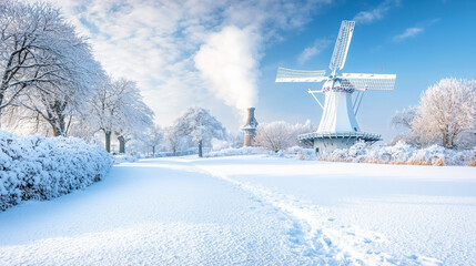 Snowy landscape with windmill and footprints in the snow