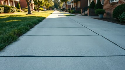 Obraz premium A low angle view of a concrete walkway leading towards a row of houses, with a grassy lawn and trees on either side