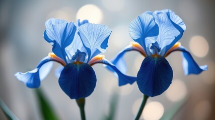 Two vibrant blue irises with intricate veining bask in soft, diffused light, their petals gracefully reaching towards a background of gentle bokeh.