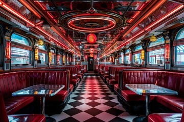 A vibrant diner interior with red booths and checkered flooring, evoking a nostalgic atmosphere.