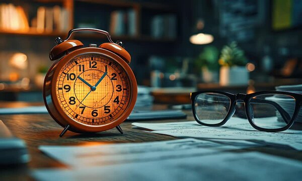 Vintage alarm clock glowing in a cozy workspace with glasses and scattered papers in the background