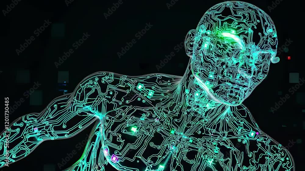 Poster luminous circuit pathways illuminating humanoid robotic framework, revealing digital awakening and t