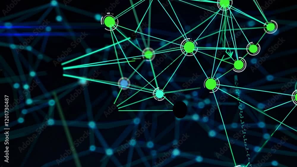 Poster complex network growing, creating new connections between nodes and expanding data flow with bright 