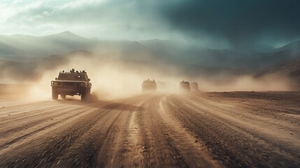 Fototapeta premium Desert convoy driving, dust storm, mountains. Travel adventure photography