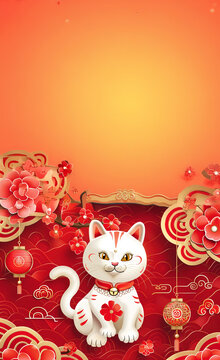Nouvel An chinois, signe astrologique du chat, motifs rouge et or, fleurs et lanternes, espace n&eacute;gatif copyspace