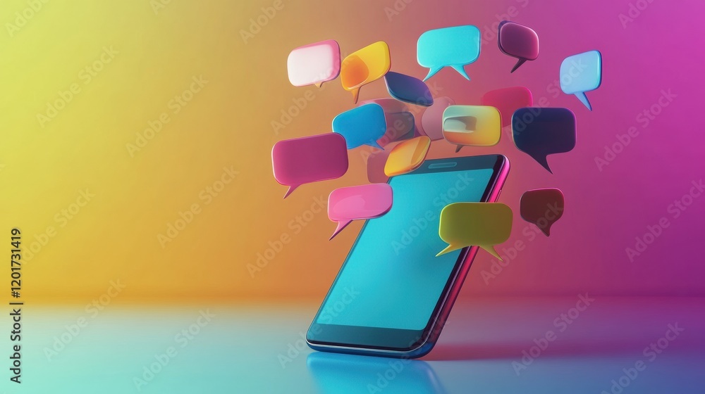 Aufkleber Bright chat bubbles emerge from a smartphone against a colorful backdrop in a dynamic digital communication concept. Generative AI