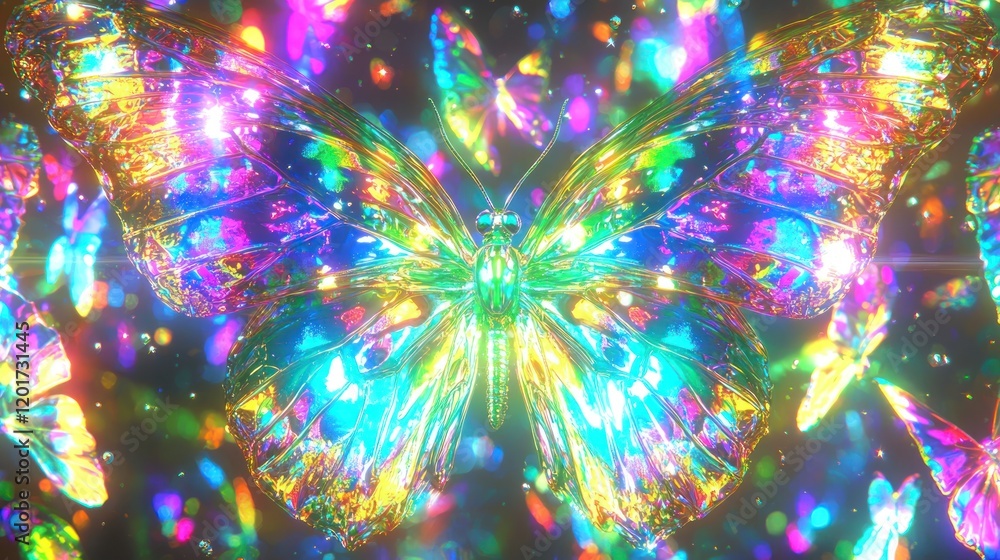 Fototapete luminous iridescent butterfly with glowing wings surrounded by sparkling particles and smaller butte