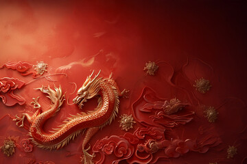 Signe du zodiaque, astrologie, dragon Nouvel An chinois, rouge et or motifs traditionnels, fond rouge espace négatif copyspace