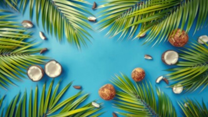 Obraz premium Tropical Paradise A Composition of Palm Fronds and Coconut Halves on a Vibrant Blue Background
