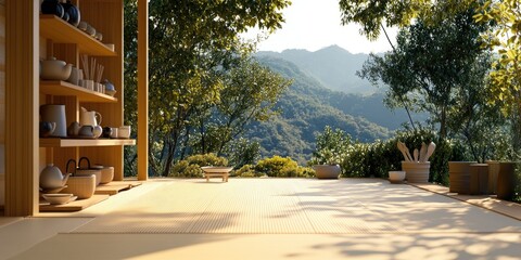 Fototapeta premium Serene Outdoor Tea Room with Mountain View - Perfect for Relaxation and Meditation