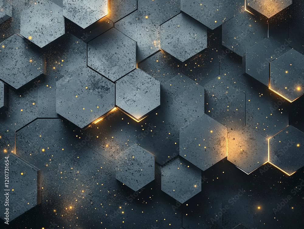Poster textured hexagonal pattern with illuminated gold accents and modern geometric design