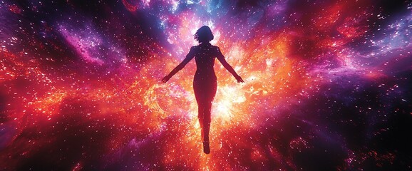 Naklejka premium Woman Silhouette in Cosmic Nebula.