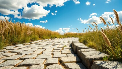 Fototapeta premium Stone path winding through a field of tall grass under a blue sky with fluffy white clouds