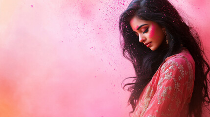 Indian woman in traditional attire on Holi festival with blank space on left