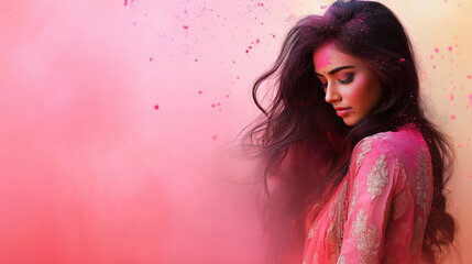 Indian woman on Holi with blank space