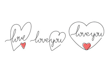 Lettering I love you in heart. One line drawing. Logos and emblems for invitation, greeting card, prints and posters. Wedding day, Valentine's day. Vector