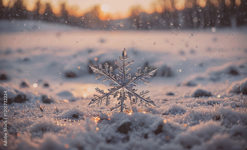 Poster a snowflake is sitting on the snow. the snow is white and the sky is pink. the snowflake is the only