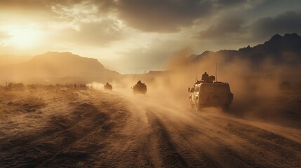Fototapeta premium Desert convoy sunset; soldiers travel dusty road; mountains background; military operation image