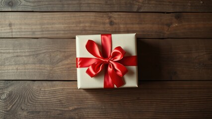 Fototapeta premium A single gift box with a large red bow, resting on a rustic wooden surface, symbolizes the joy and anticipation of receiving a special present.
