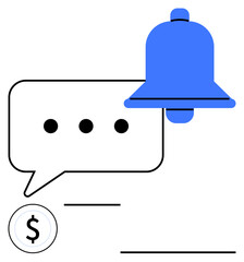 Blue notification bell above chat bubble with three dots, dollar icon nearby. Ideal for alerts, messaging, finance, communication, reminders, updates digital workflows. Abstract line flat metaphor