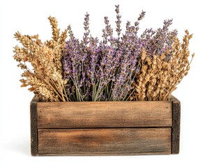 A rustic wooden box filled with dried lavender and wheat, perfect for decoration.