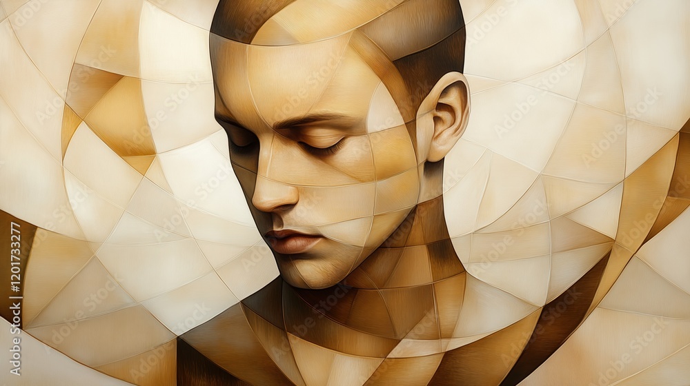 Poster golden ratio art style portrait of a contemplative person with geometric patterns and warm tones in 