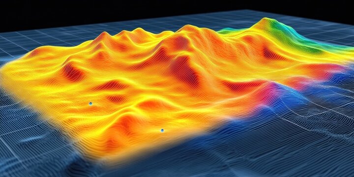 3D terrain model, heatmap colors, subsurface data visualization, geological survey