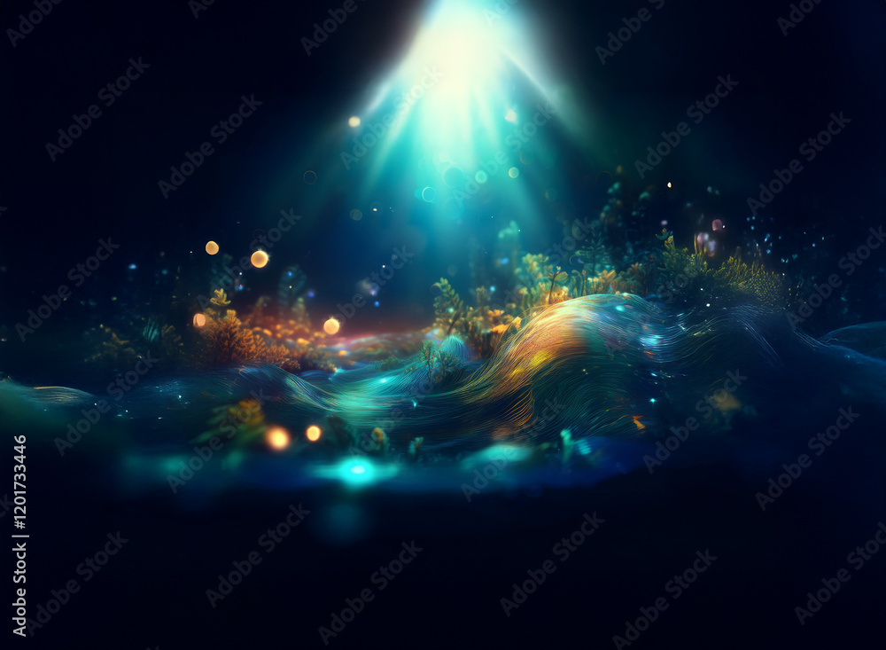 Aufkleber Abstract underwater scene.  Bokeh lights illuminate an ethereal, glowing seabed with shimmering particles and flowing forms.  Dark background creates a mysterious, magical atmosphere.