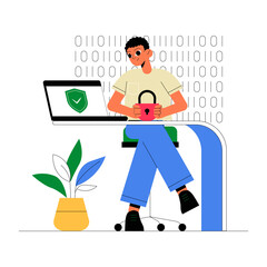 Male Character With Laptop Holding A Locked Mug In Flat Vector Illustration Symbolizing Cybersecurity, Data Protection, And Internet Privacy, Isolated On White Background