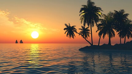 Tropical Sunset: Silhouetted Palms and Sailboats at Golden Hour