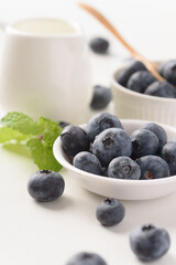 Close up of fresh blueberries for healthy food on white background.