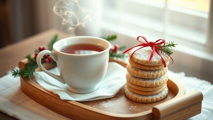 Fototapeta premium A warm cup of tea with a steaming hot beverage and a stack of cookies with powdered sugar and a red ribbon on a wooden tray